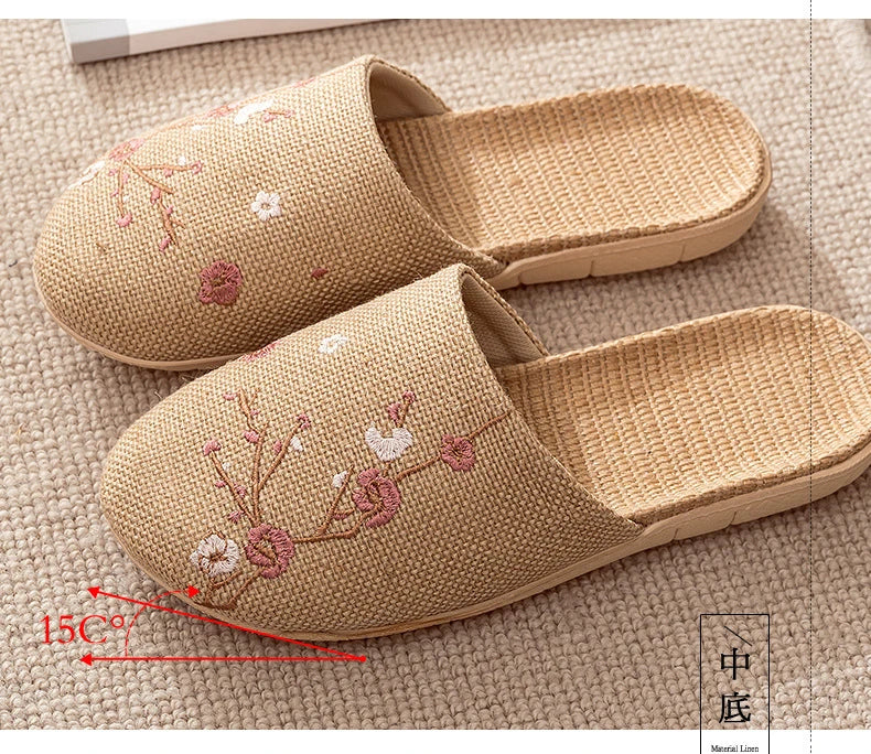 Chinelos de linho feminino verão masculino casal casa bordado antiderrapante fundo macio interior uso doméstico chinelos de chão de algodão e linho