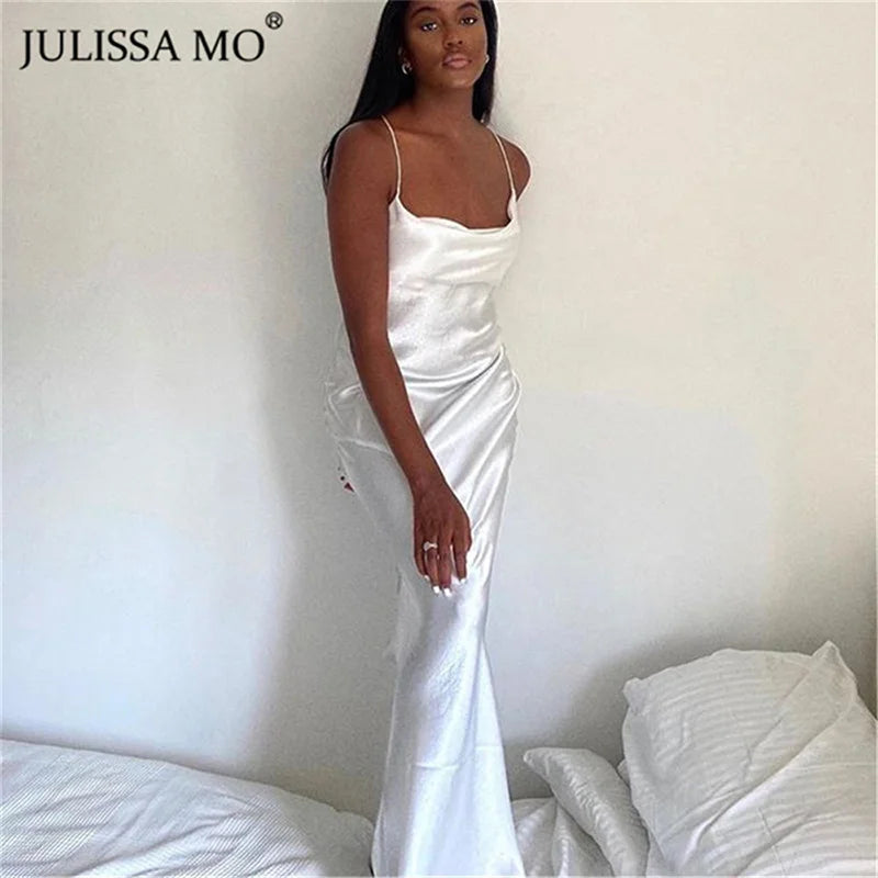 Vestido Longo JULISSA MO Sexy com Alças Finas e Costas Abertas, Vestido de Noite em Cetim com Amarração, Vestido de Festa Elegante Justo ao Corpo 2026
