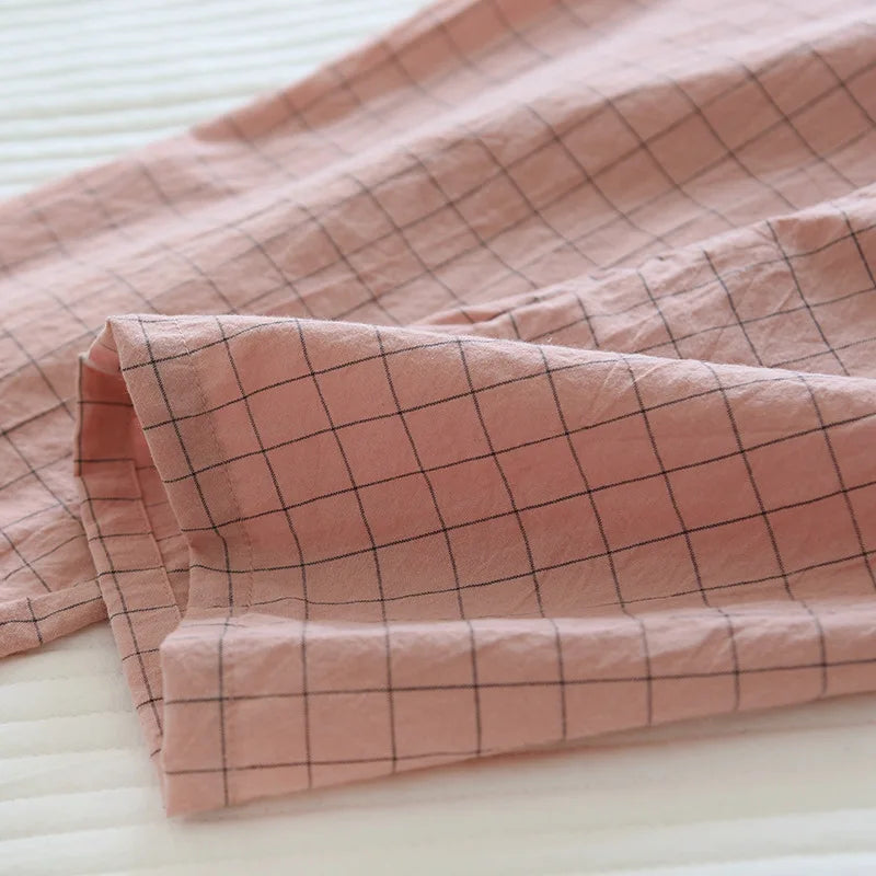 Pijama quimono xadrez e xadrez para casal, pijama de algodão lavado com decote em v, roupas de dormir de três quartos, fino para homens e mulheres, 2 peças
