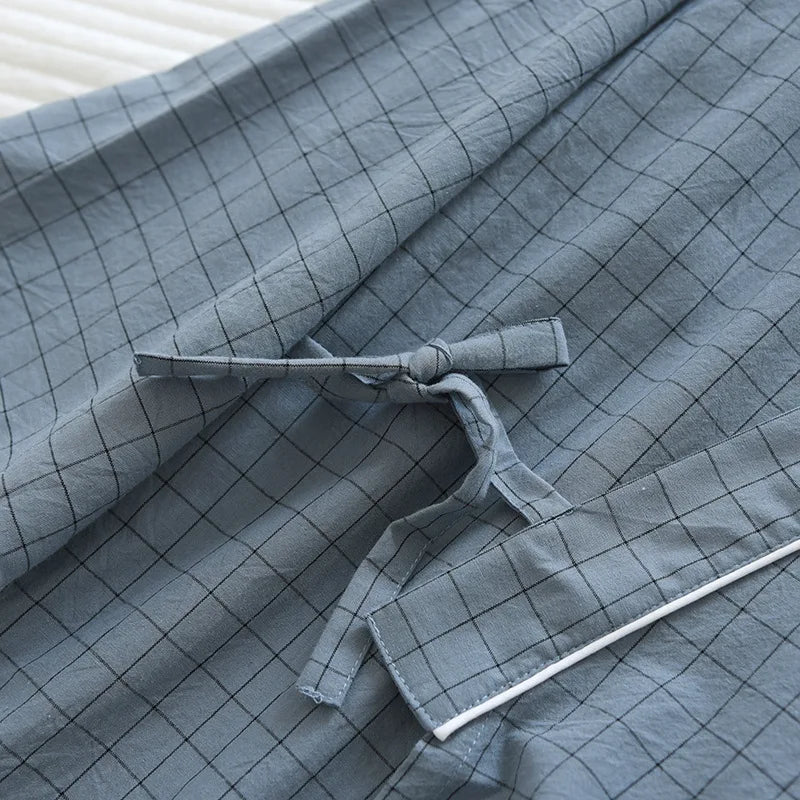 Pijama quimono xadrez e xadrez para casal, pijama de algodão lavado com decote em v, roupas de dormir de três quartos, fino para homens e mulheres, 2 peças