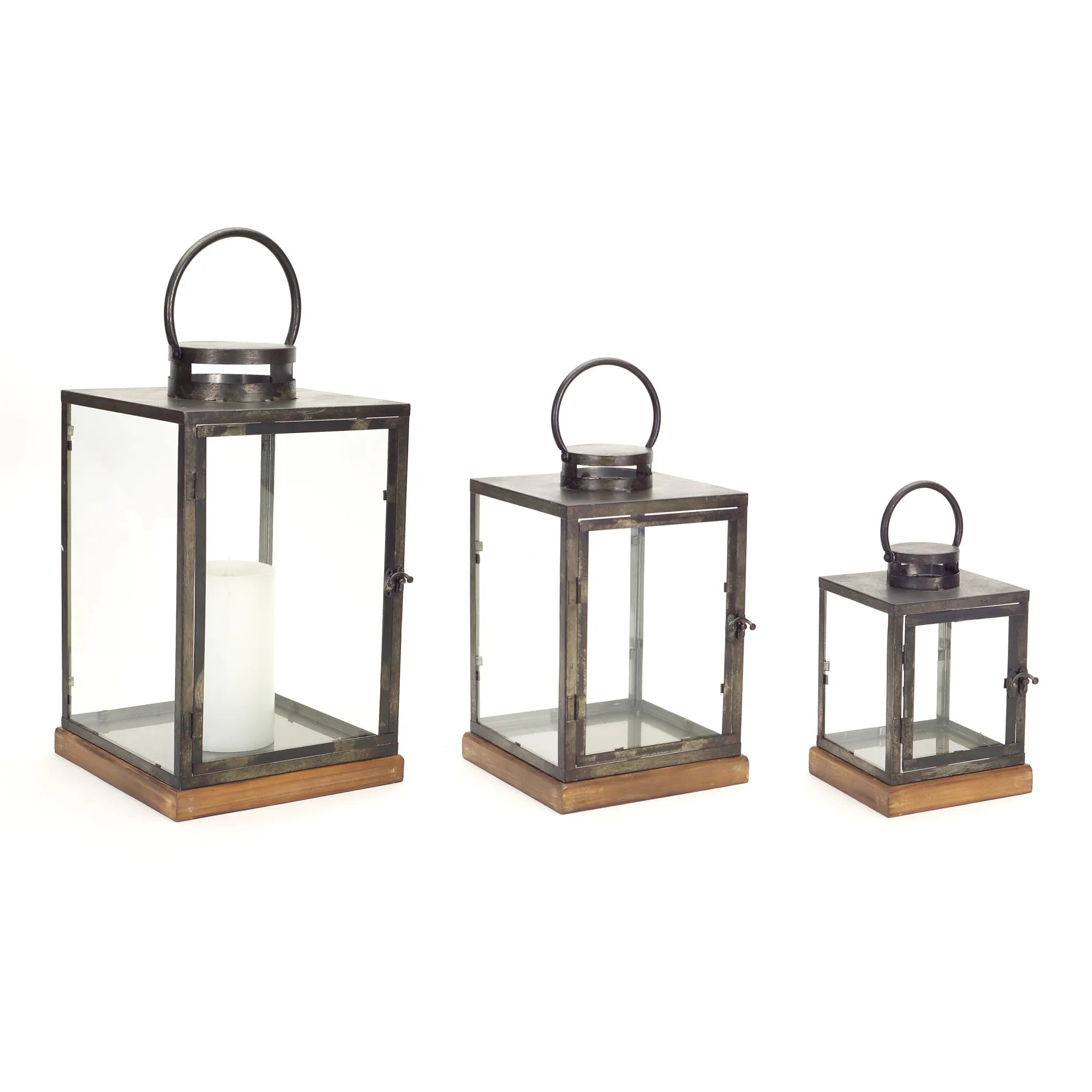 Set of Three Distressed Geometric HMS Floor Lanterns Gray and Brown Glass Metal Wood with Candle Holders