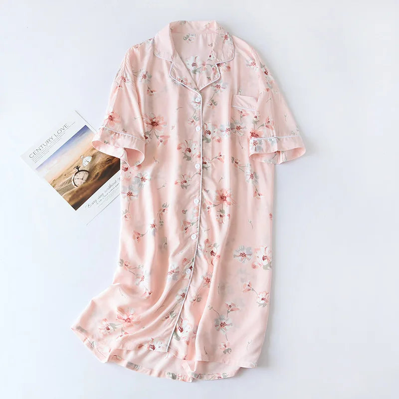 Verão outono casual noite feminina manga curta flor camisola solta sleepwear 100% viscose sleepwear para mulher