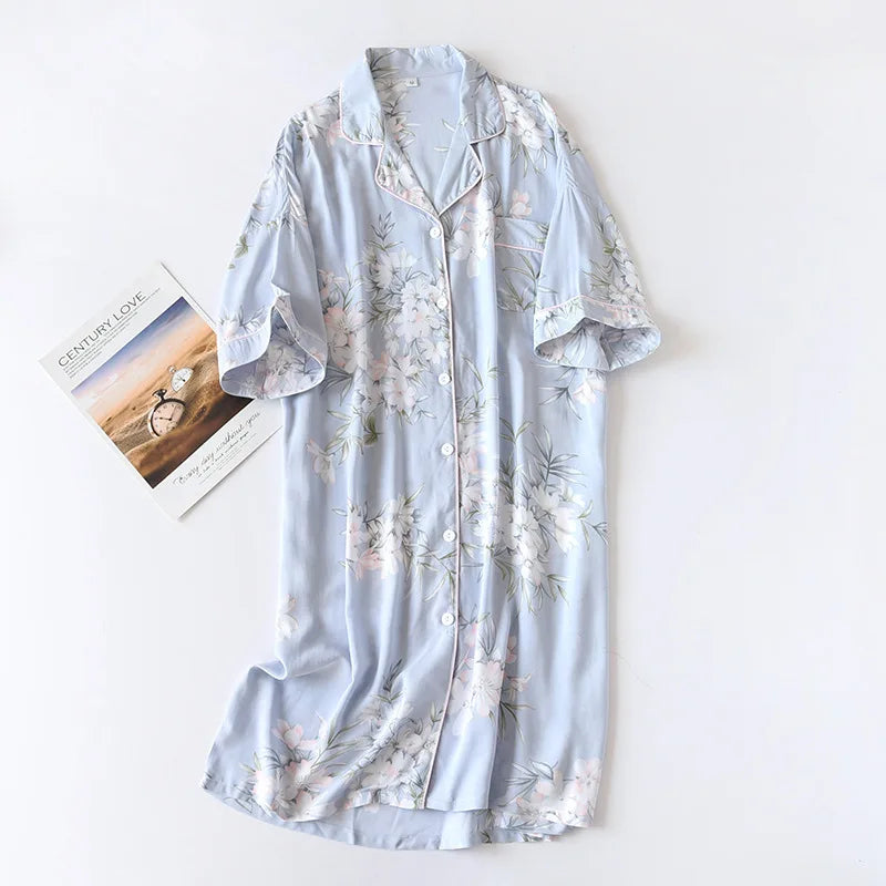 Verão outono casual noite feminina manga curta flor camisola solta sleepwear 100% viscose sleepwear para mulher