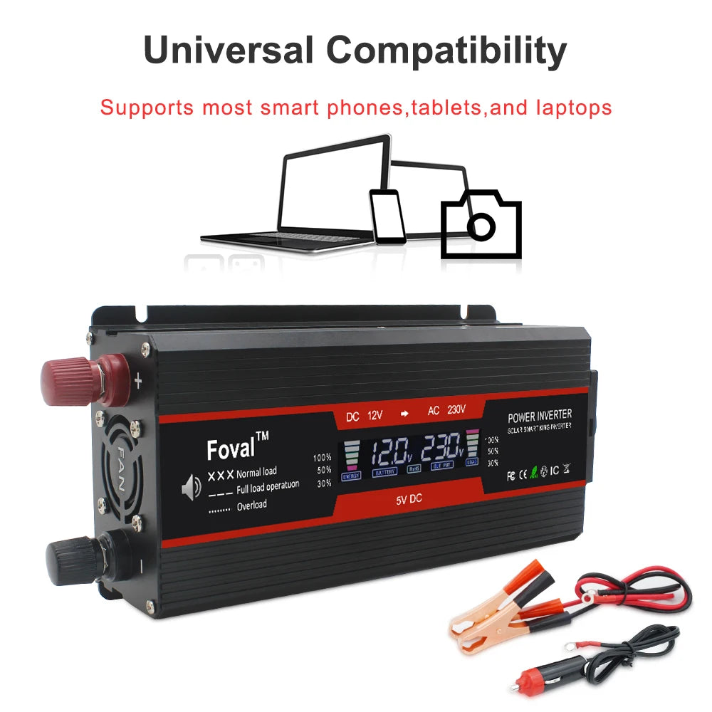 Inversor de energia solor com display lcd, dc 12v/24v para ac 220v 230v 1500w/2000w/2600w, conversor de tensão preto, soquete ue, acessórios automotivos