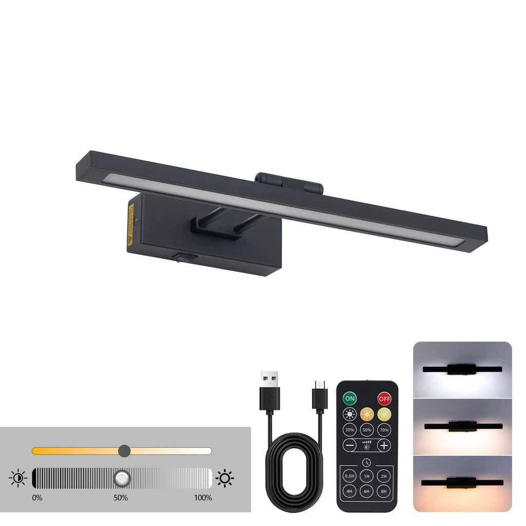 Picture Light Battery Operated with Remote, LED Black Art Lights for Paintings Rechargeable Dimmable and Timer, 16in Wall Sconce