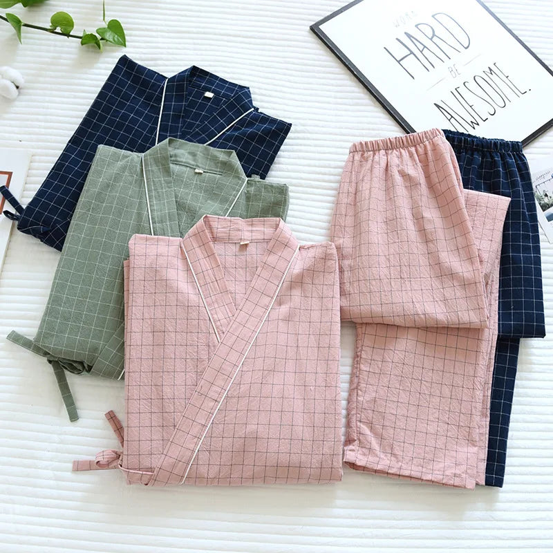 Pijama quimono xadrez e xadrez para casal, pijama de algodão lavado com decote em v, roupas de dormir de três quartos, fino para homens e mulheres, 2 peças