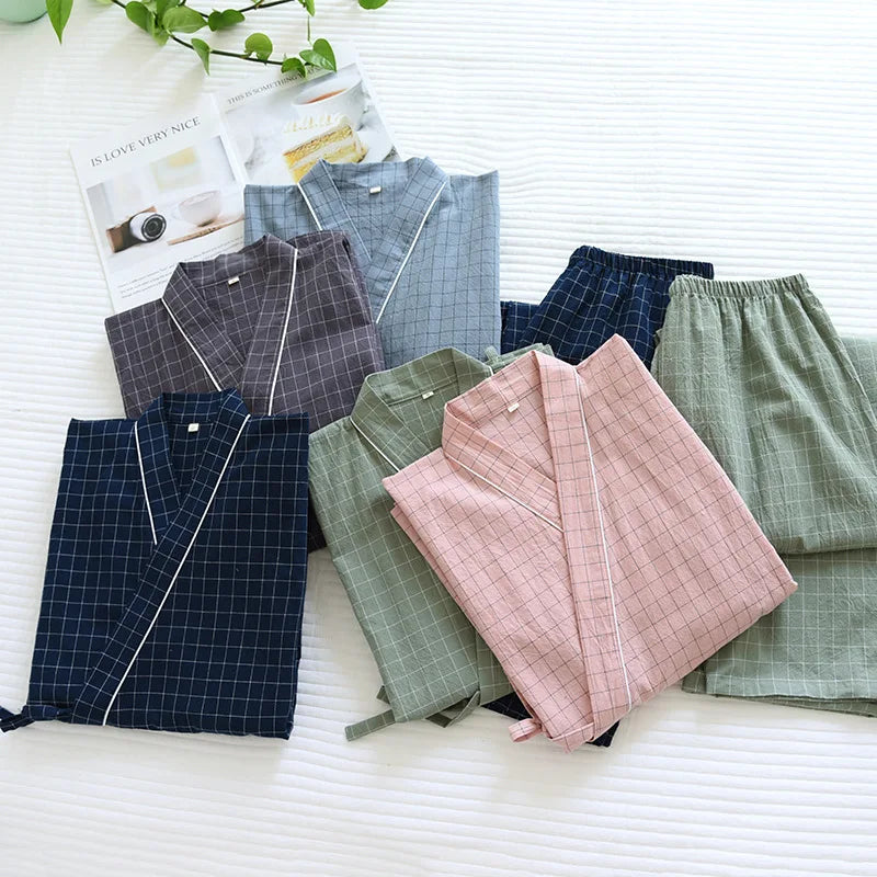 Pijama quimono xadrez e xadrez para casal, pijama de algodão lavado com decote em v, roupas de dormir de três quartos, fino para homens e mulheres, 2 peças