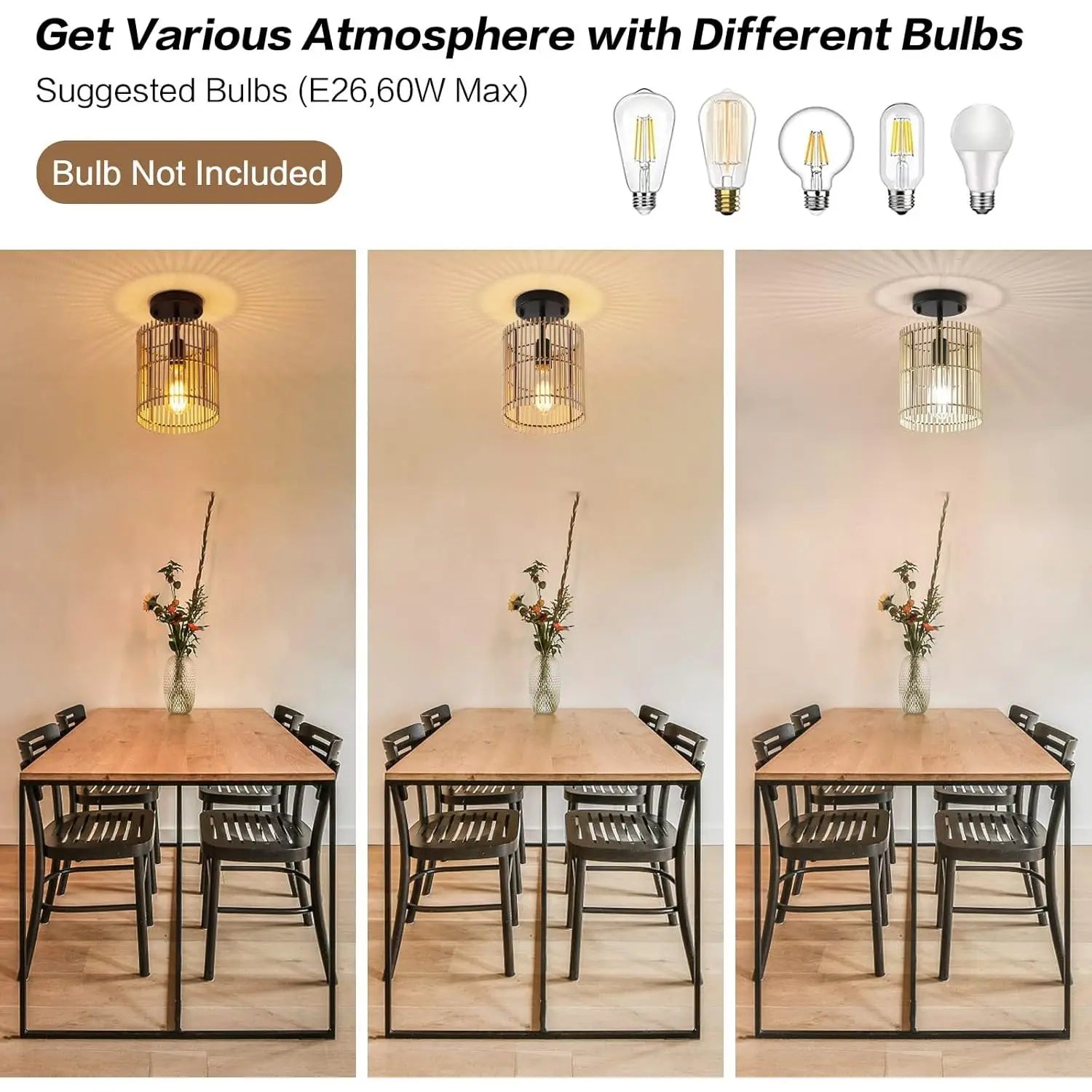 SGLfarmty Boho Semi Flush Mount Ceiling Light Metal Bamboo Shade IP44 Warm White LED 7.87x7.08x10.62 Inches