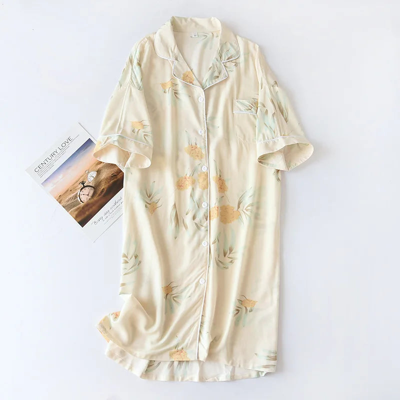 Verão outono casual noite feminina manga curta flor camisola solta sleepwear 100% viscose sleepwear para mulher