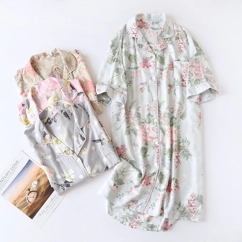 Verão outono casual noite feminina manga curta flor camisola solta sleepwear 100% viscose sleepwear para mulher