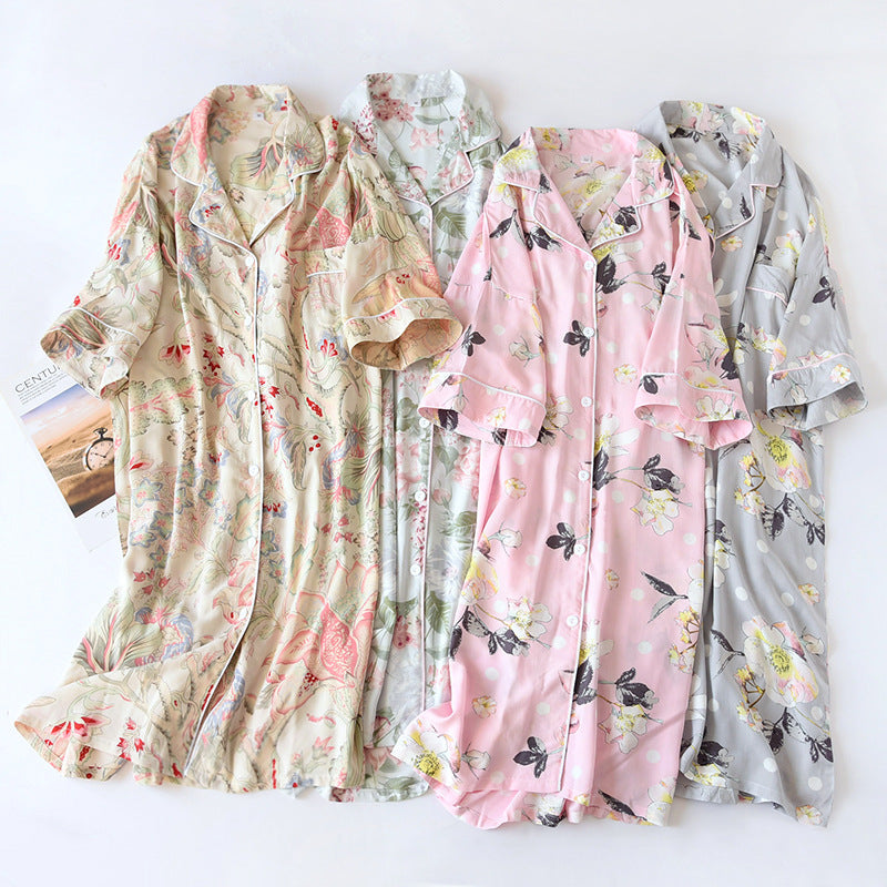 Verão outono casual noite feminina manga curta flor camisola solta sleepwear 100% viscose sleepwear para mulher