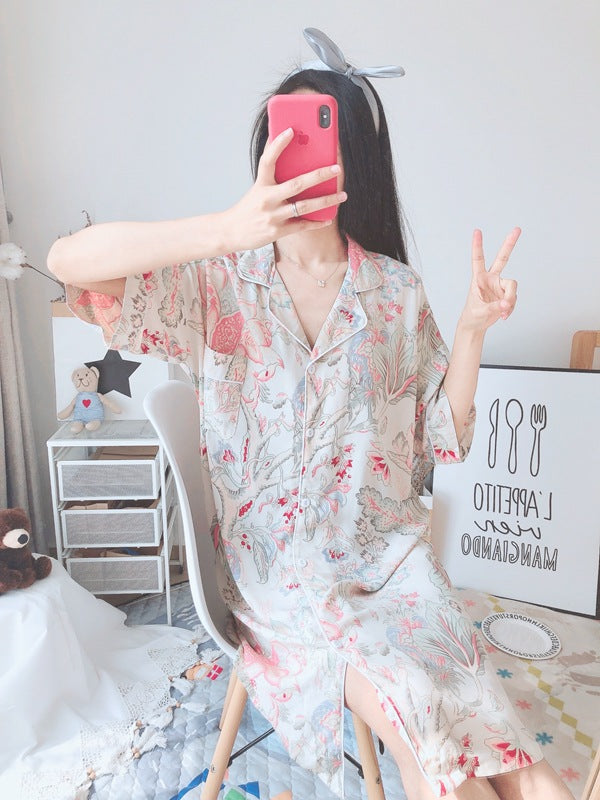 Verão outono casual noite feminina manga curta flor camisola solta sleepwear 100% viscose sleepwear para mulher