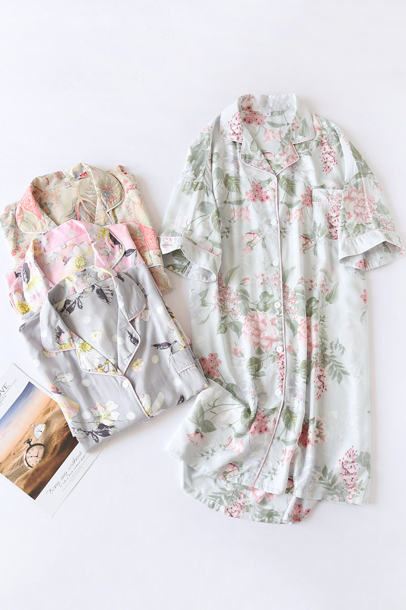 Verão outono casual noite feminina manga curta flor camisola solta sleepwear 100% viscose sleepwear para mulher