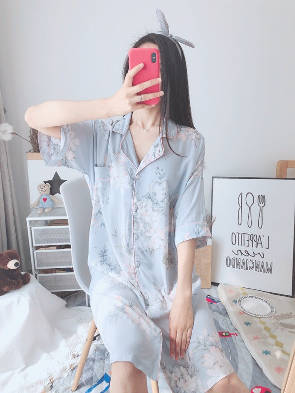 Verão outono casual noite feminina manga curta flor camisola solta sleepwear 100% viscose sleepwear para mulher