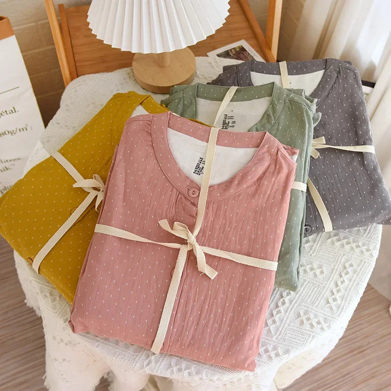 Algodão feminino polka dot pijama define fio-tingido gaze manga longa calças loungewear casual simples pijamas em torno do pescoço nightwears