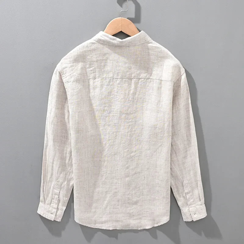 Camisa de linho respirável masculina, Top manga comprida, encaixe solto, Roupa extragrande, coreano sazonal