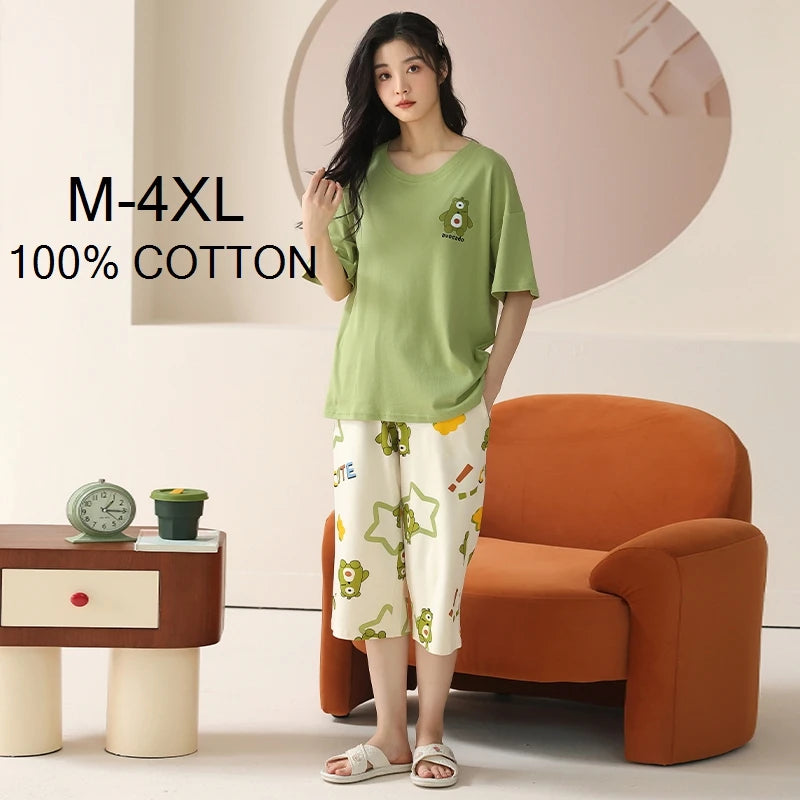 SUKAE-Conjunto de Pijamas dos desenhos animados das mulheres, 100% algodão, calça curta na altura do joelho, pijamas, capris loungewear, pijamas de verão, M-4XL