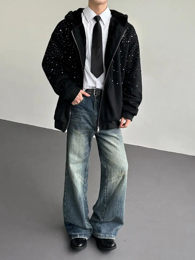 Thiened Fce Cardigan com capuz e zíper moletom masculino Faion Urban Sle outono inverno peso pesado diamante embelezado Ja...