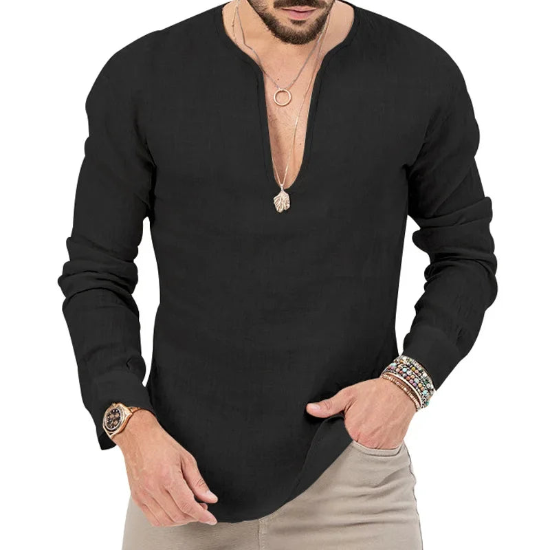 Camiseta Masculina de Linho de Manga Longa 2026 Henry, Slim Fit, Cor Sólida, Tamanho Grande Europeu e Americano, Gola V Profunda