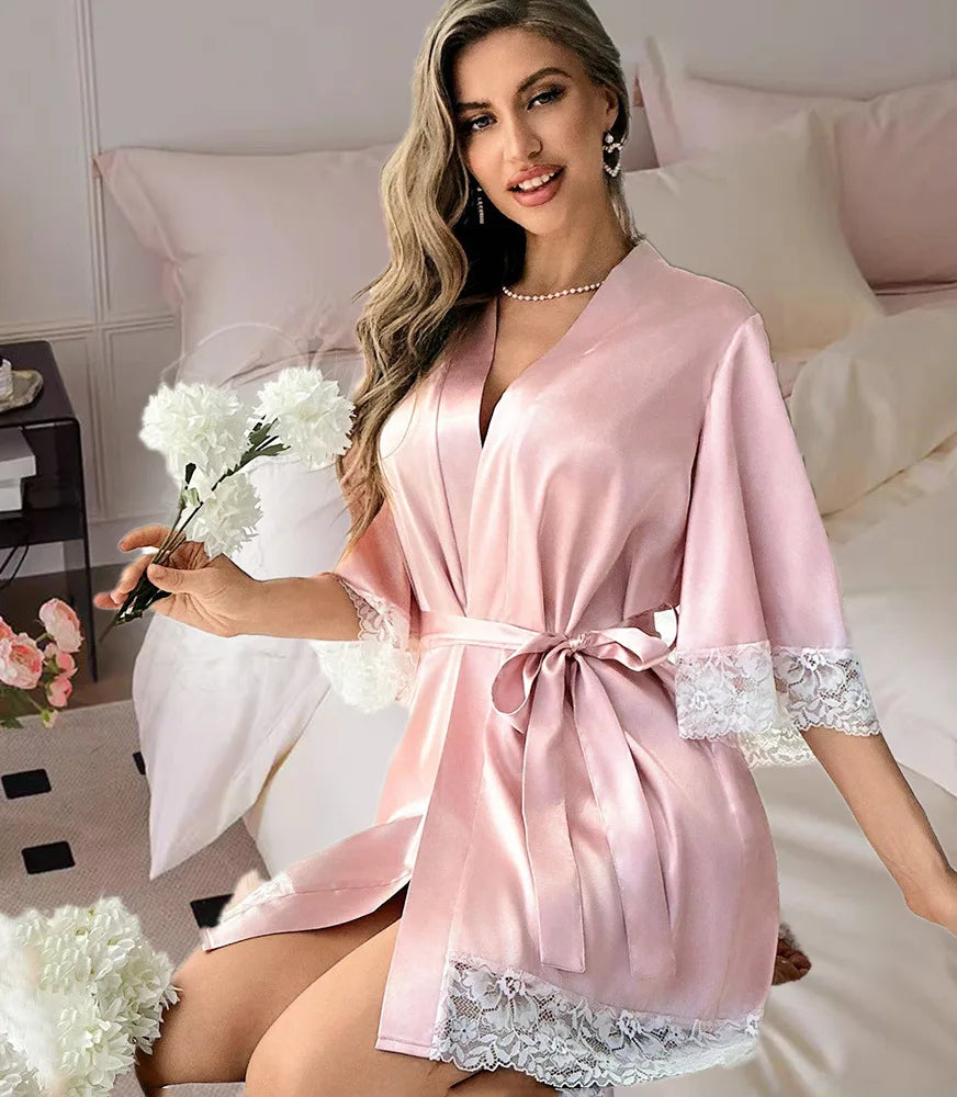 Novo Robe Elegante de Cetim para Mulheres 2025 com Renda, Kimono Curto, Camisola, Decote V, Cinto, Roupa de Noiva, Presente para Madrinhas