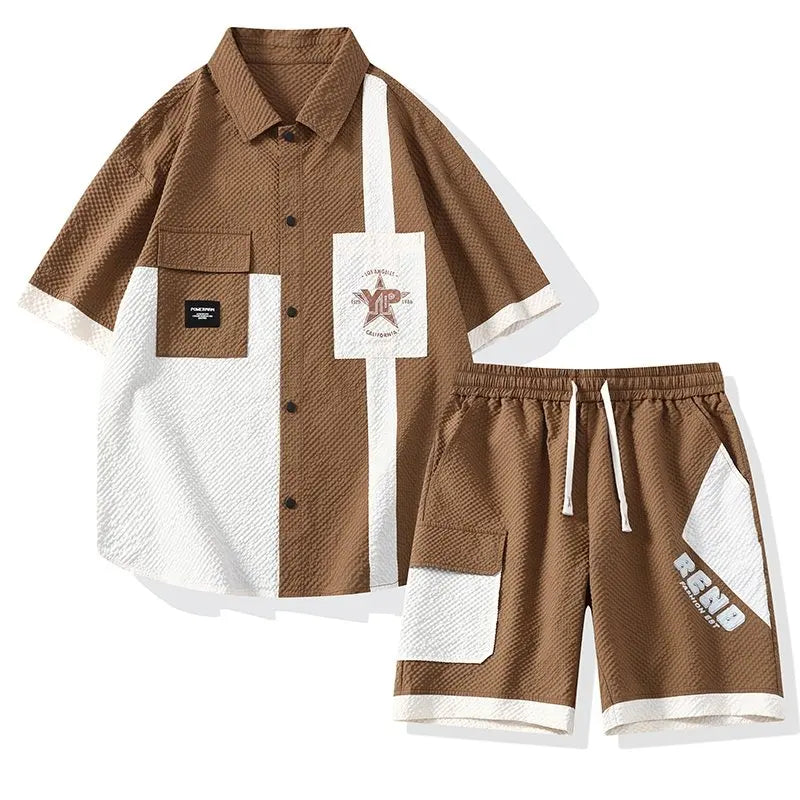 Conjunto Casual Masculino de Linho e Algodão, Camisa de Manga Curta com Colarinho e Calças Largas, Traje de Verão com Bordado Floral