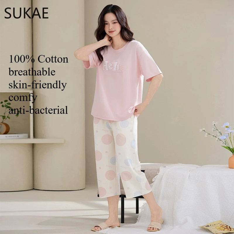 SUKAE-Conjunto de Pijamas dos desenhos animados das mulheres, 100% algodão, calça curta na altura do joelho, pijamas, capris loungewear, pijamas de verão, M-4XL