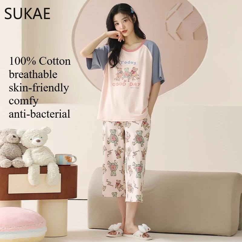 SUKAE-Conjunto de Pijamas dos desenhos animados das mulheres, 100% algodão, calça curta na altura do joelho, pijamas, capris loungewear, pijamas de verão, M-4XL