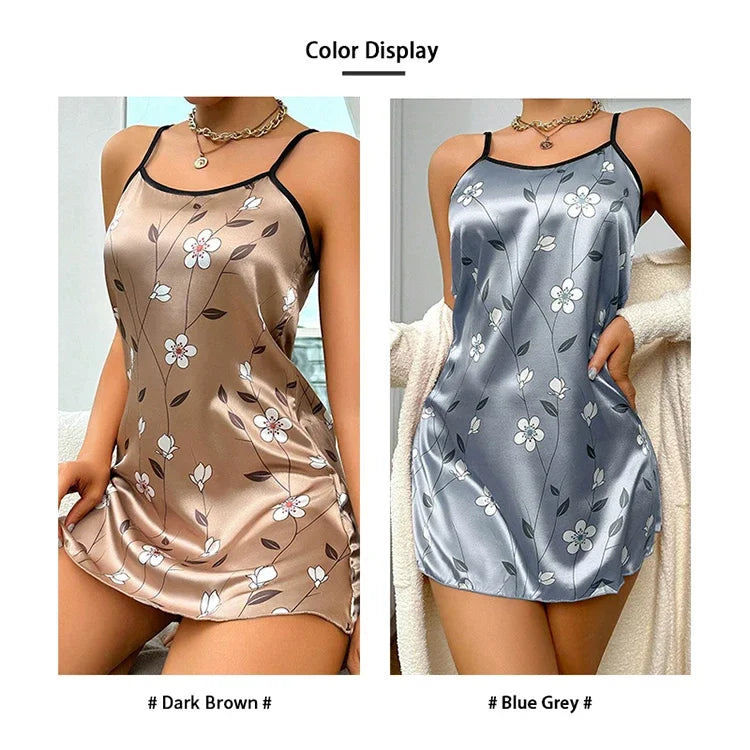 Pijamas femininos verão floral impressão cetim camisola casual sem mangas sem costas deslizamento noite vestido sexy camisola roupas de casa