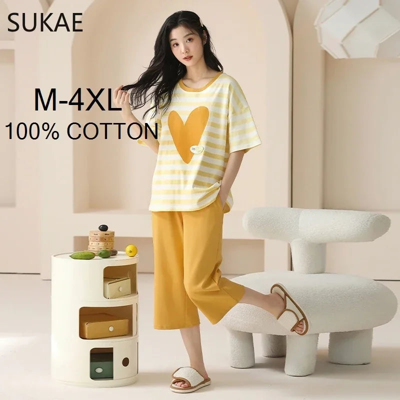 SUKAE-Conjunto de Pijamas dos desenhos animados das mulheres, 100% algodão, calça curta na altura do joelho, pijamas, capris loungewear, pijamas de verão, M-4XL