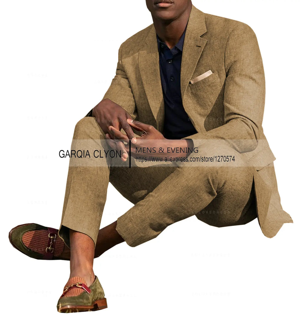 Ternos masculinos de linho, 2 peças, verão, casual, lapela de entalhe, ternos de casamento masculinos (blazer + calça)