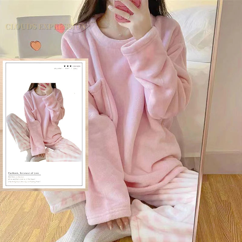 Outono inverno flanela conjuntos de pijamas femininos moda xadrez impresso teddy pijamas veludo homewear kawaii meninas pijamas mujer pijama