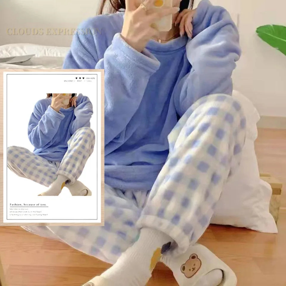 Outono inverno flanela conjuntos de pijamas femininos moda xadrez impresso teddy pijamas veludo homewear kawaii meninas pijamas mujer pijama