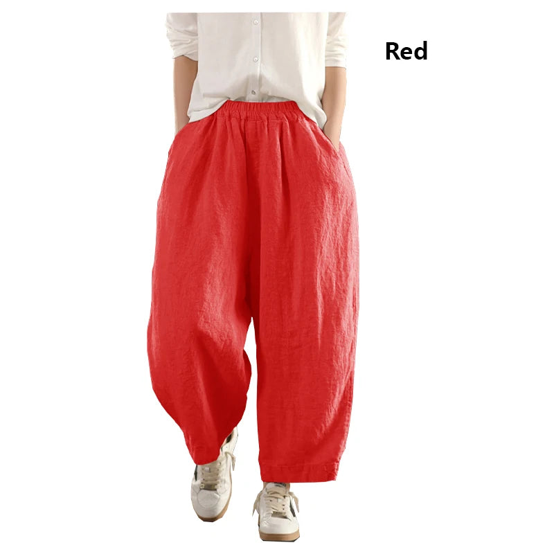 Calças compridas femininas de linho puro natural, estilo solto e retrô, calças largas, roupas de tamanho grande, casuais ao ar livre, confortáveis e legais