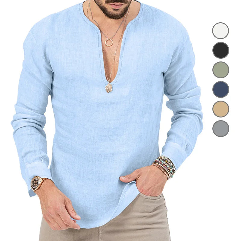 Camiseta Masculina de Linho de Manga Longa 2026 Henry, Slim Fit, Cor Sólida, Tamanho Grande Europeu e Americano, Gola V Profunda