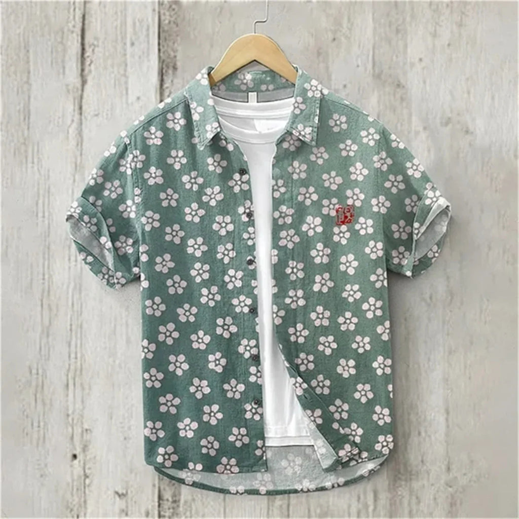 Camisa de linho masculina, texto retrô, arte japonesa, impressão 3D, manga curta, peito único, lazer, férias, top de praia, Havaí