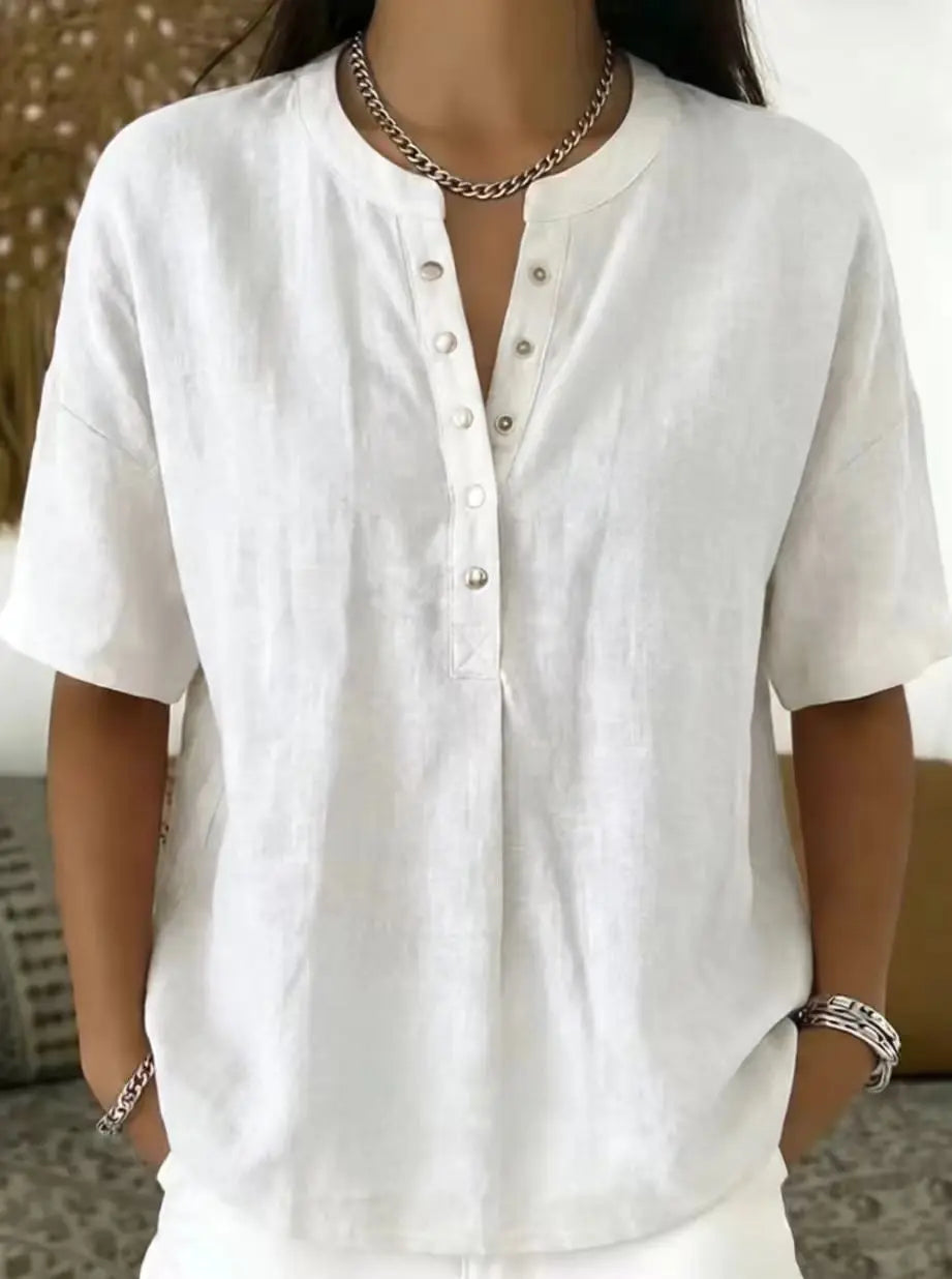 Blusa Feminina de Linho com Gola Henley, Manga Curta, Casual, Solta, Cor Sólida, Top de Verão