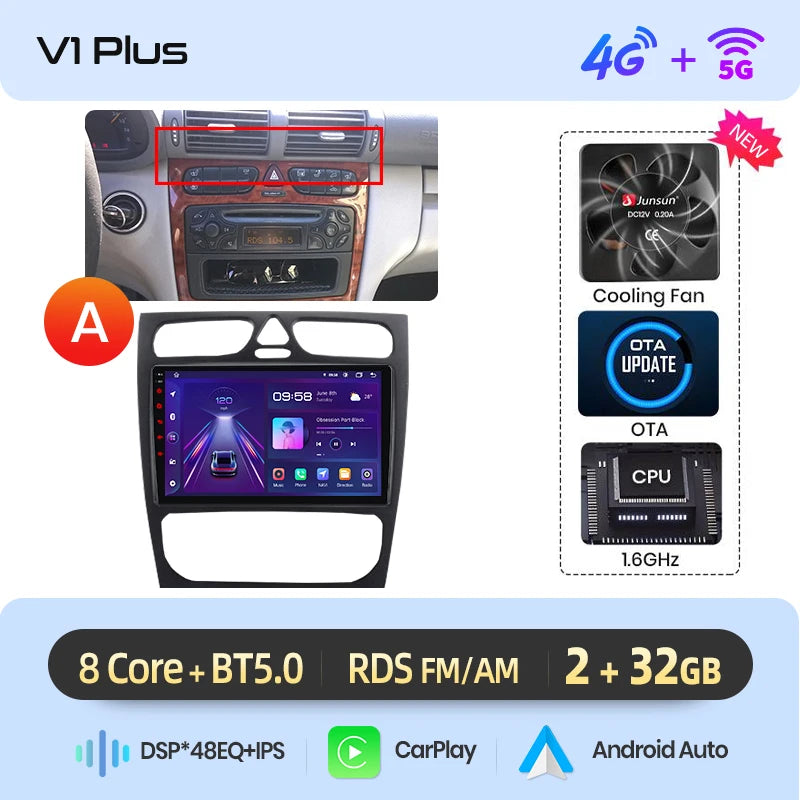 Junsun carplay android auto rádio do carro para mercedes benz classe c w203 c200 c320 c350 clk w209 2000-2005 multimídia inteligente 4g