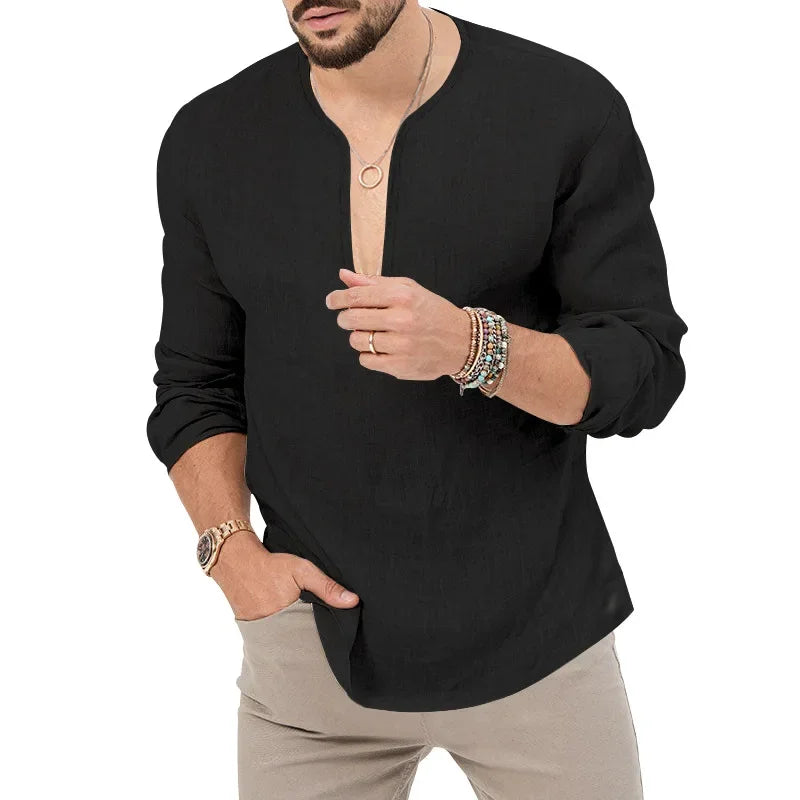 Camiseta Masculina de Linho de Manga Longa 2026 Henry, Slim Fit, Cor Sólida, Tamanho Grande Europeu e Americano, Gola V Profunda