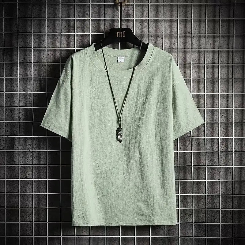 Camiseta de Linho de Manga Curta Masculina, Nova Camiseta de Algodão e Linho Solta para o Verão, Camiseta de Cor Sólida