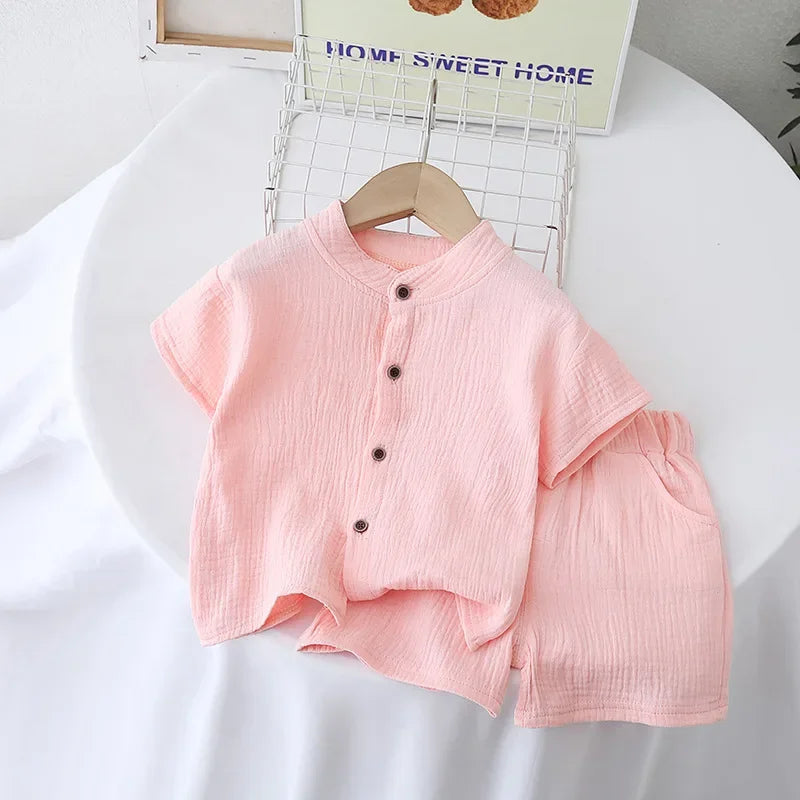 Conjunto de pijamas de gaze de algodão para bebês, 2 peças, manga curta, gola redonda, roupa de dormir macia e respirável, meninos, meninas, 0-5 anos, roupas de praia