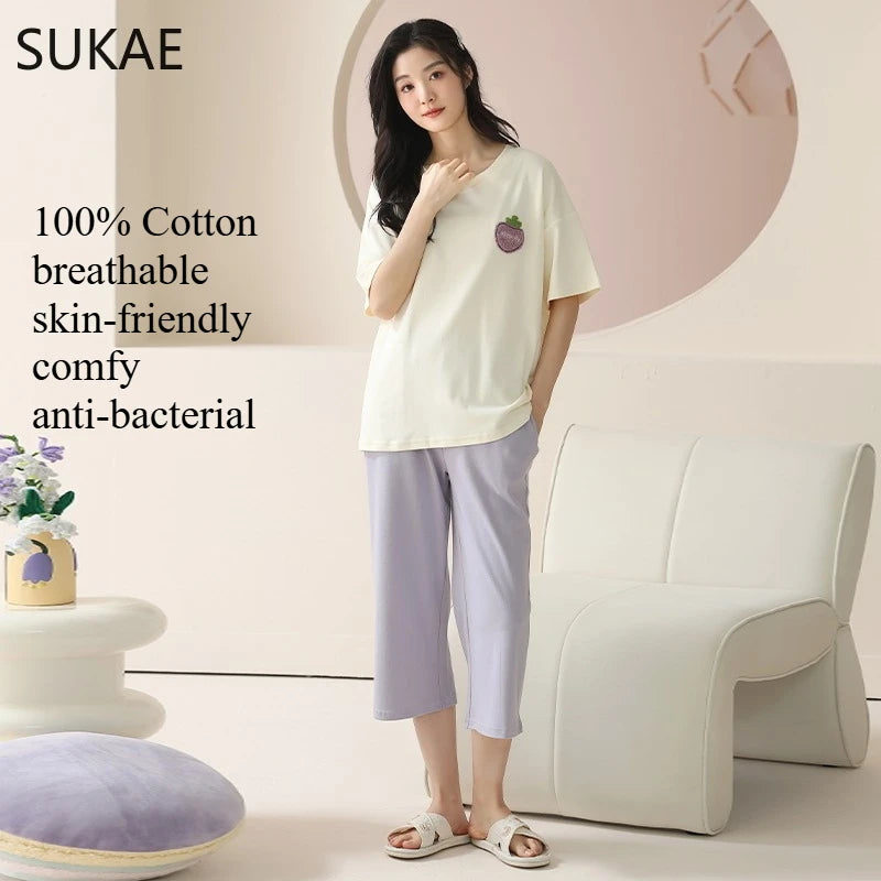 SUKAE-Conjunto de Pijamas dos desenhos animados das mulheres, 100% algodão, calça curta na altura do joelho, pijamas, capris loungewear, pijamas de verão, M-4XL