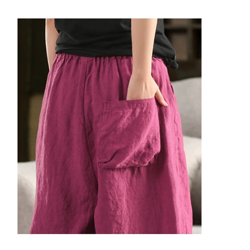 Calças compridas femininas de linho puro natural, estilo solto e retrô, calças largas, roupas de tamanho grande, casuais ao ar livre, confortáveis e legais