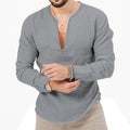 Camiseta Masculina de Linho de Manga Longa 2026 Henry, Slim Fit, Cor Sólida, Tamanho Grande Europeu e Americano, Gola V Profunda