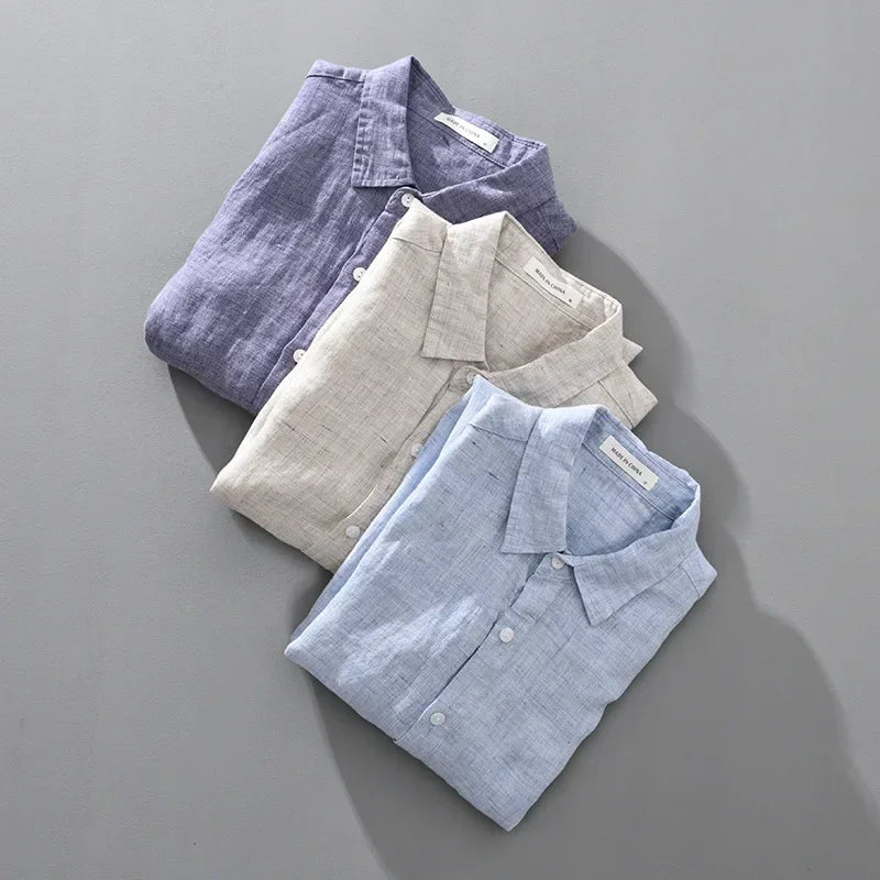 Camisa de linho respirável masculina, Top manga comprida, encaixe solto, Roupa extragrande, coreano sazonal