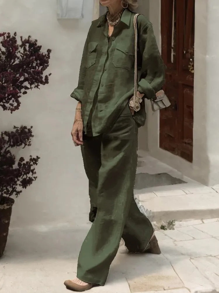 Conjunto Feminino de Linho com 2 Peças: Camisa de Manga Longa com Botões e Calças de Perna Larga