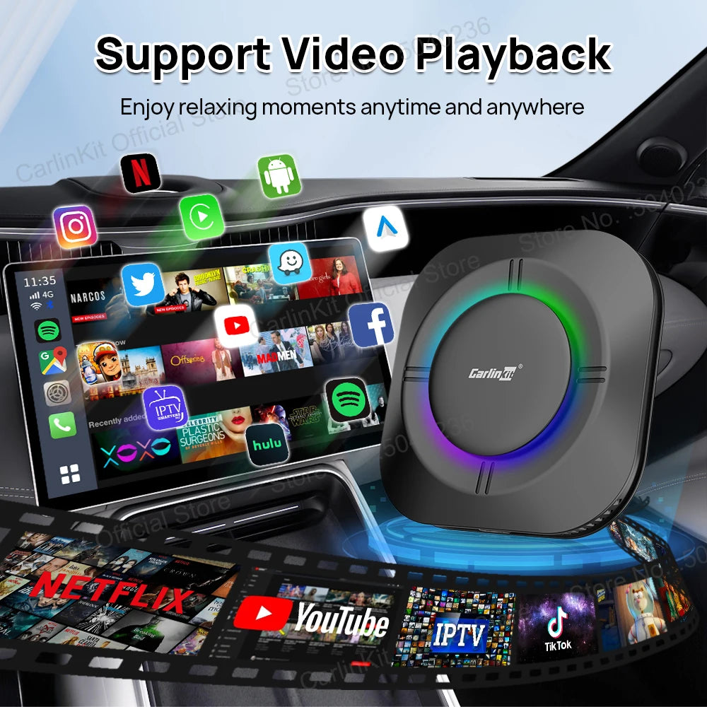 CarlinKit Android 13 LED AI Box Wireless CarPlay Wireless Android Auto Smart Car Multimedia Box Qualcomm 8-Core Chip Cartão SD Expandir para 512 GB Suporte Vídeo Online