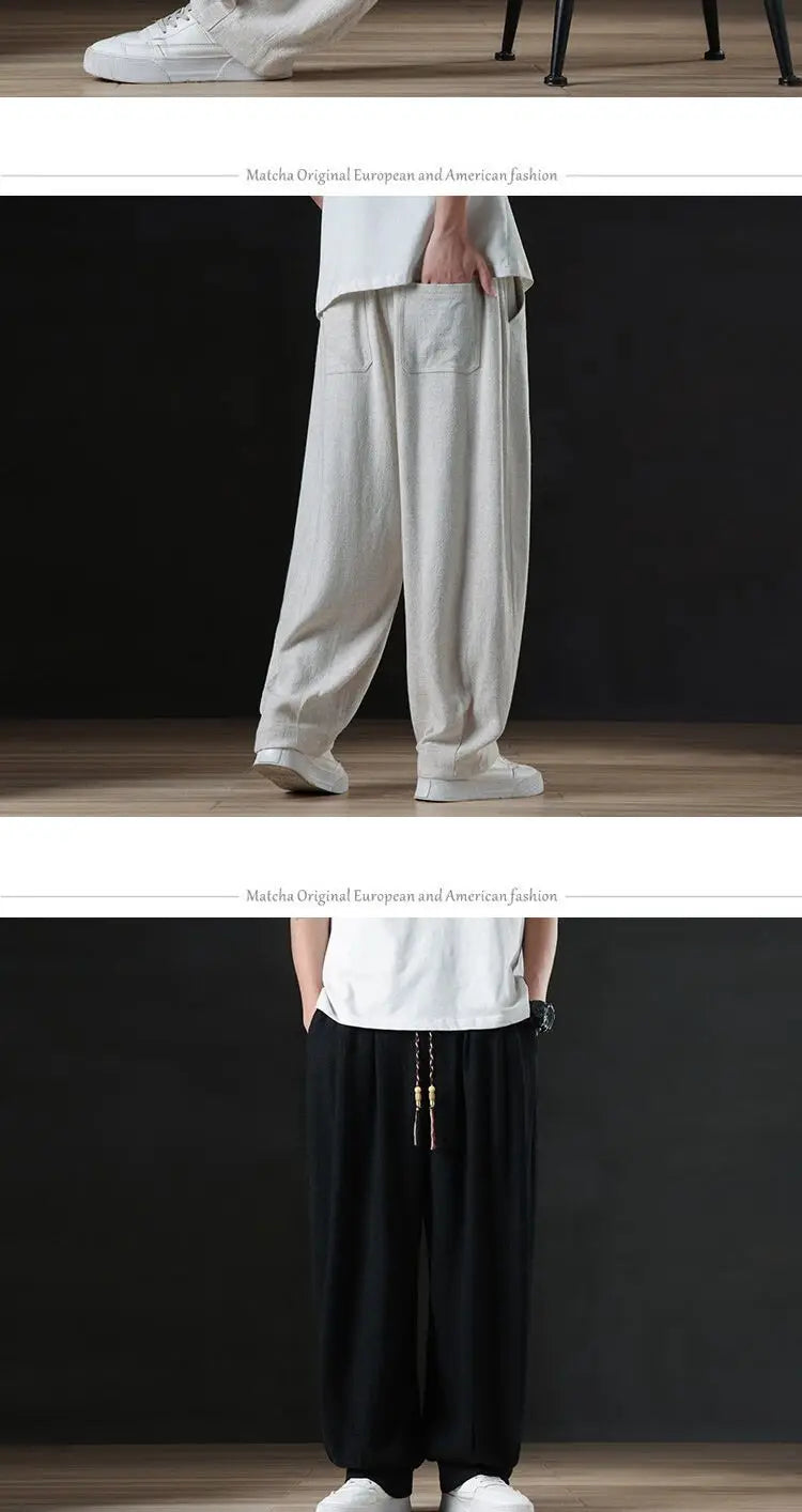 Calça masculina casual de linho verão leve solta de perna reta