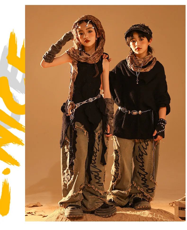 Conjunto de regata e jeans infantil Wasteland Street Dance de malha, moletons de hip hop, roupas de jazz, roupas punk, meninos e meninas