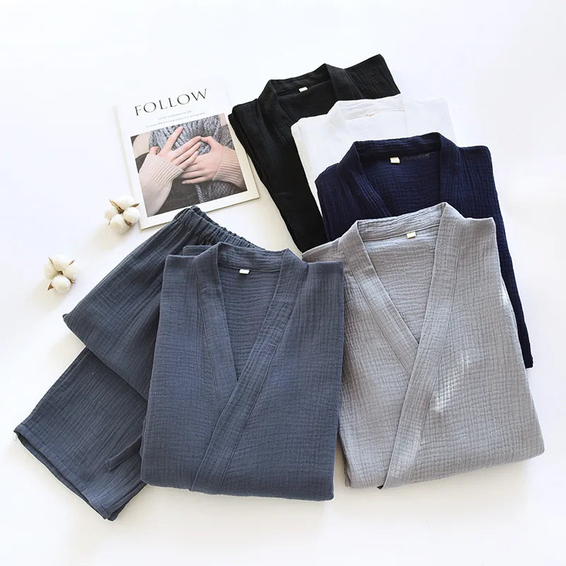 Primavera/outono japonês quimono pijamas masculinos pijamas masculinos gaze fina algodão rendas topo + calças soltas de duas peças homewear