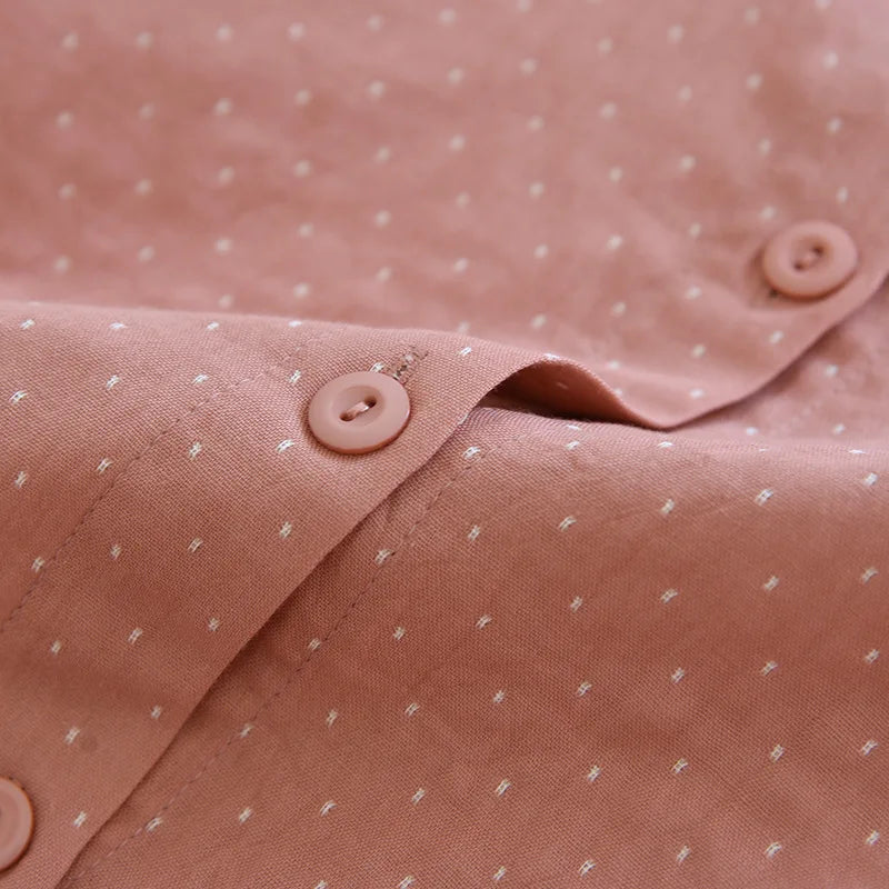 Algodão feminino polka dot pijama define fio-tingido gaze manga longa calças loungewear casual simples pijamas em torno do pescoço nightwears